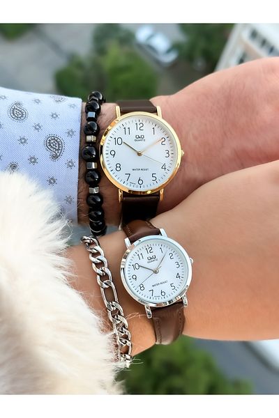 Q&Q Brand Brown Leather Band Lover Couple Wristwatch + Bracelet