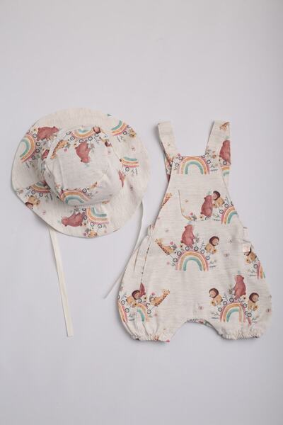 Baby Mii Şapkalı Gökkuşağı Keten Erkek Bebek Salopet-2379