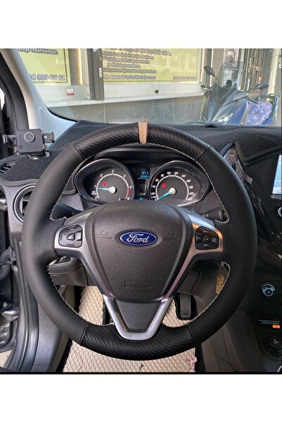 Detay Direksiyon kılıfı Ford Fiesta -Courier Tuşlu uyumlu spor süet karbon desen bej yüzüklü bej dikiş