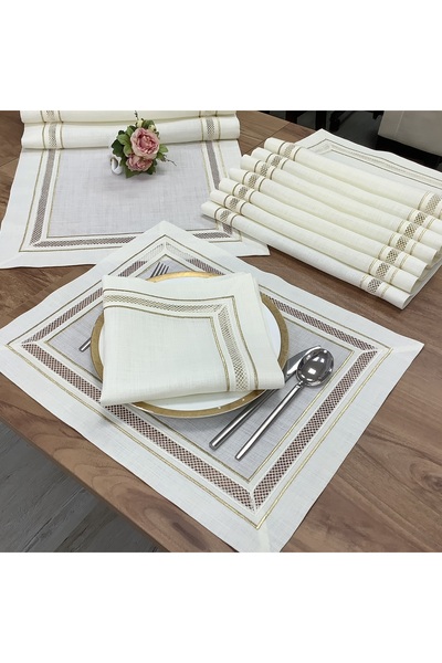 OYA home Kolber Detaylı Çift Gold Dikişli Amerıkan Servıs(8) & Peçete(8)& Runner(1) Set - 17 Parca