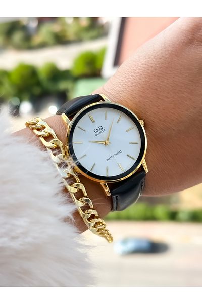 Q&Q Brand Retro Model Black Leather Band, Polite Women's Wristwatch + Bracelet