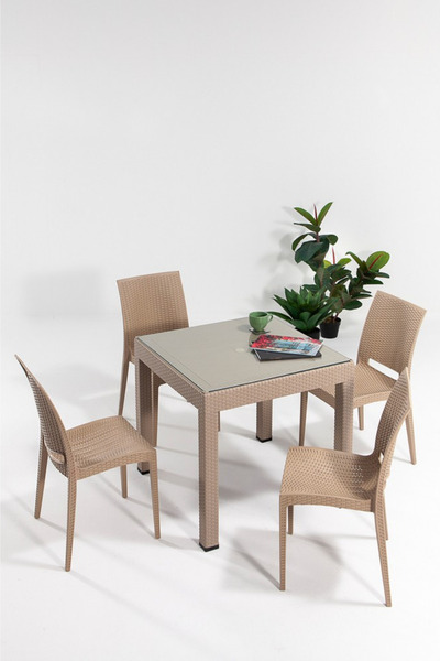MOBETTO Rattan Camlı Masa Takımı-Cappucino