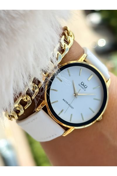 Q&Q Brand Retro Model White Color, Leather Strap, Polite Women's Wristwatch + Bracelet