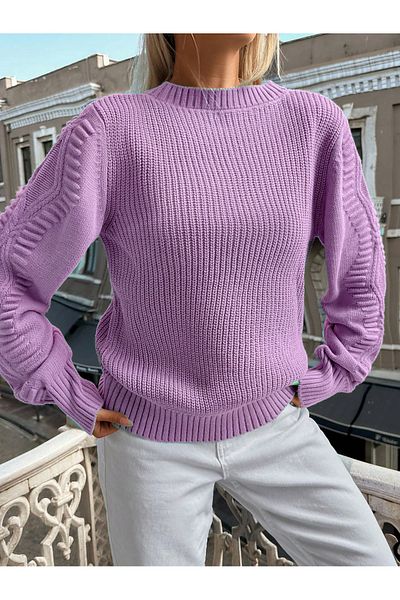 AQE FASHION Selanik Tricotat Mâneci Motiv Crew Deck Tricot Pulover LILA