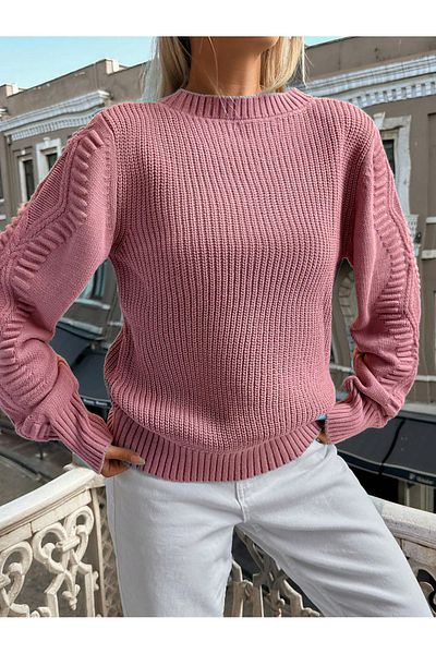 AQE FASHION Selanik Knitted Sleeve Motif Crew Neck Knitwear Sweater PUDRA