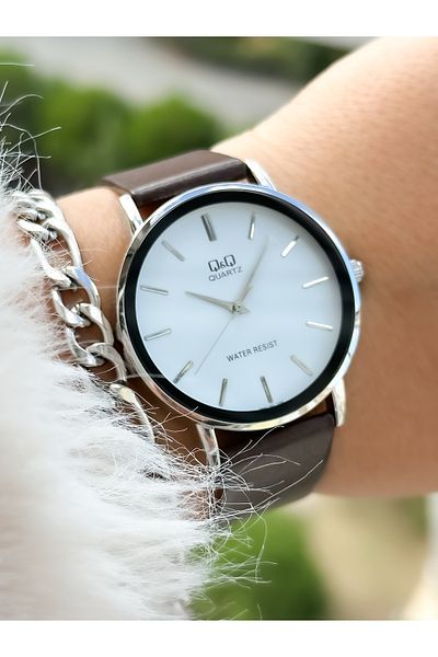 Q&Q Brand Retro Model Brown Leather Strap, Polite Women's Wristwatch + Bracelet