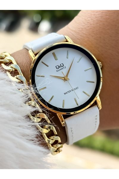 Q&Q Brand Retro Model White Color, Leather Strap, Polite Women's Wristwatch + Bracelet