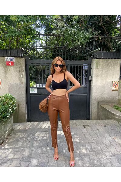 Eke Tekstil Women's Zipper Slit Faux Detailed Leather Trousers