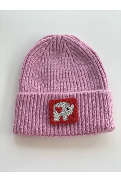 byebruketenci New Year's Luxury Wool Hat - Pink, Red Elephant Punch Patterned Gift