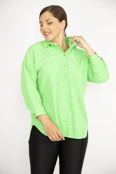 Şans Women's Large Size Green Front Buttoned Poplin Shirt 65N36858
