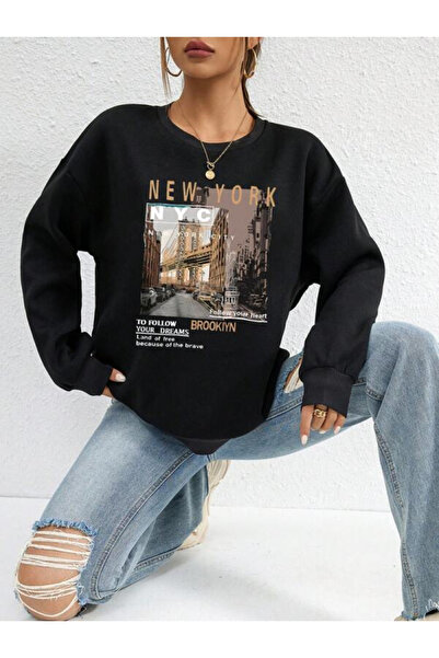 YUVEST سويت شيرت أسود برقبة دائرية مطبوعة مقاس كبير للجنسين من Blackrock