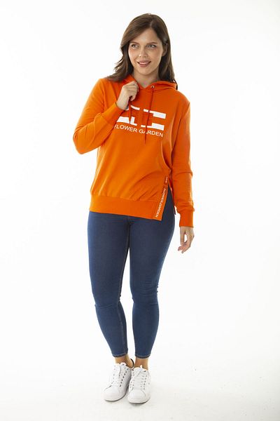 Şans Women's Large Size Orange Stone and Print Detailed Hooded Sweatshirt with Side Slits 65N36867