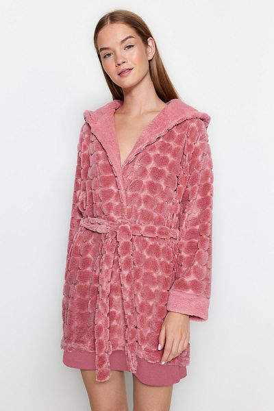Trendyol Collection Winter-Strick-Morgenmantel aus Fleece mit rosa Gürtel und Herzen THMAW24SB00002