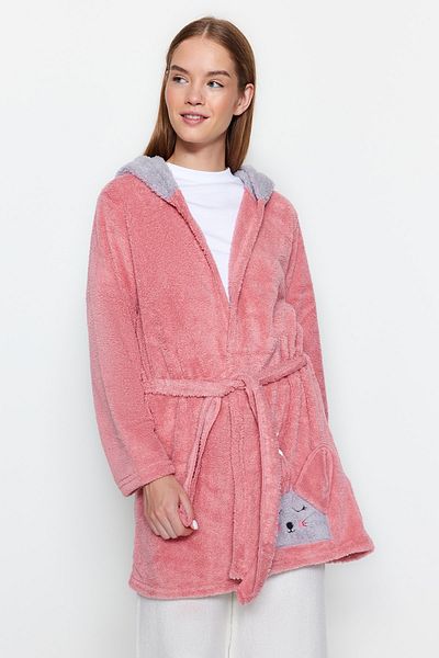 Trendyol Collection Wellsoft Winter Knitted Dressing Gown - Powder Belted, Animal Figure Hooded Thmaw22Sb0008