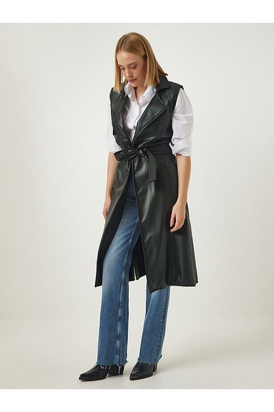 Happiness İstanbul Women's Black Premium Belted Faux Leather Vest FN03106