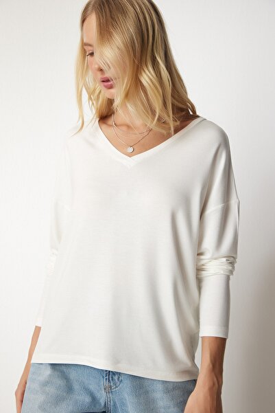 Happiness İstanbul Dámská pletená halenka Ecru s výstřihem do V UB00150