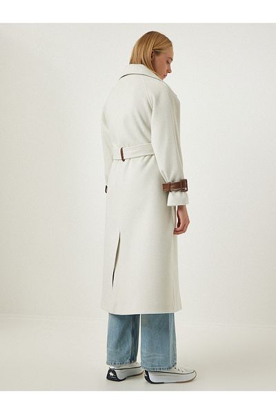 Happiness İstanbul Women's Stone Premium Leather Ribbed Belted Wool Long Stamp Coat fn03096
