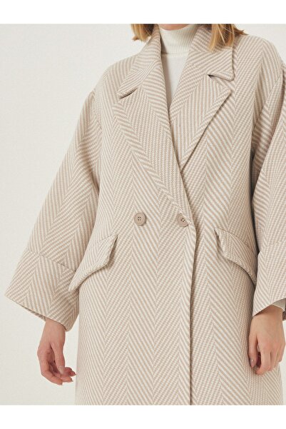 Happiness İstanbul Női bézs prémium duplasoros gallér mintás gyapjú hosszú bélyegző kabát fn03095