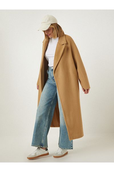 Happiness İstanbul Dámský dlouhý kašmírový kabát Camel Premium Belted Slit Wool fn03094