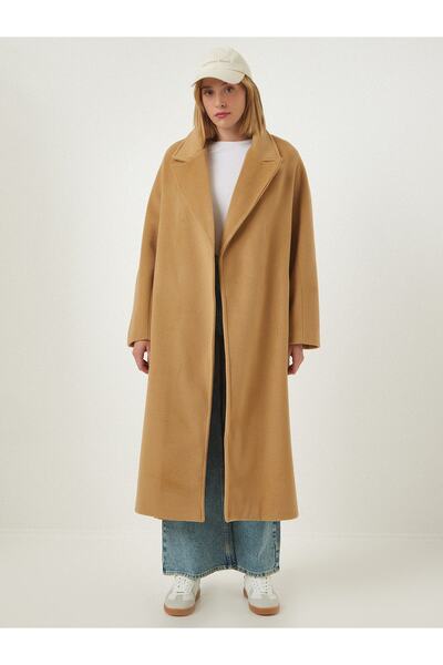 Happiness İstanbul Női teve prémium öves hasított gyapjú hosszú kasmír kabát fn03094