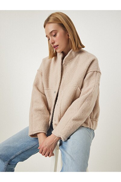 Happiness İstanbul Γυναικείο μπουφάν μπουλέ σε μπεζ Snap-On Oversize FN03087