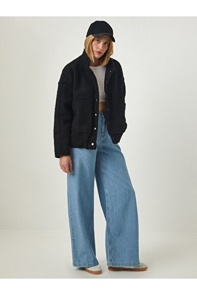 Happiness İstanbul Dámská černá oversize bunda Boucle se zapínáním na patentky FN03087