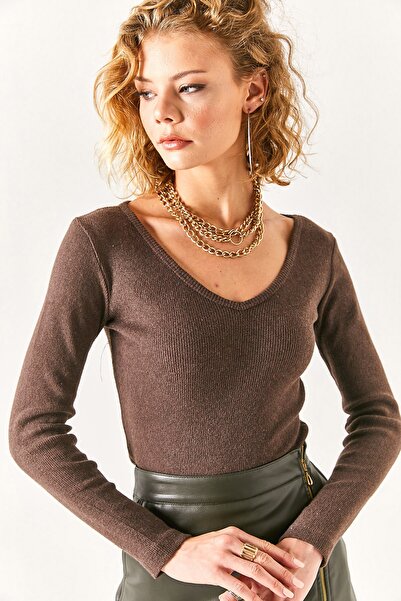 Olalook Dámská hořce hnědá halenka s širokým výstřihem do V růžově zlatá BLZ-19002392