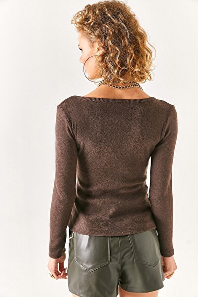 Olalook Dámská hořce hnědá halenka s širokým výstřihem do V růžově zlatá BLZ-19002392