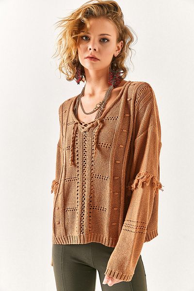 Olalook Women's Brown Lace Detailed Openwork Knitwear Blouse BLZ-19002393