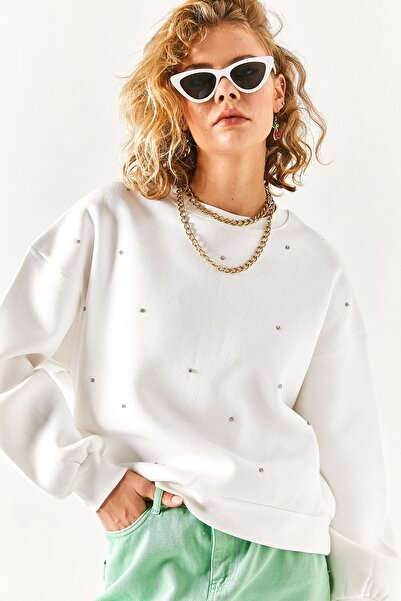 Olalook Women's White Stone Detailed Fleece Inside Sweatshirt SWT-19000621