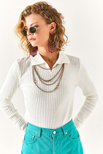 Olalook Women's Ecru Polo Collar Ribbed Knitwear Sweater KZK-19000616