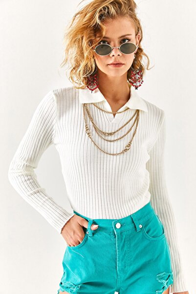 Olalook Women's Ecru Polo Collar Ribbed Knitwear Sweater KZK-19000616