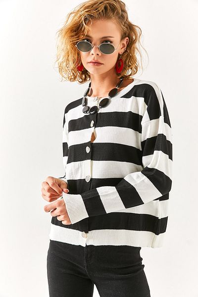Olalook Cardigan negru cu gât în dungi, cu nasturi, pentru femei HRK-19000236