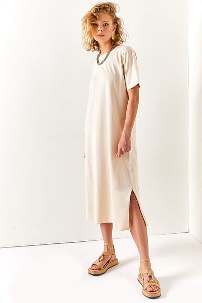 Olalook Women's Stone Side Slit Oversize Cotton Dress ELB-19001880