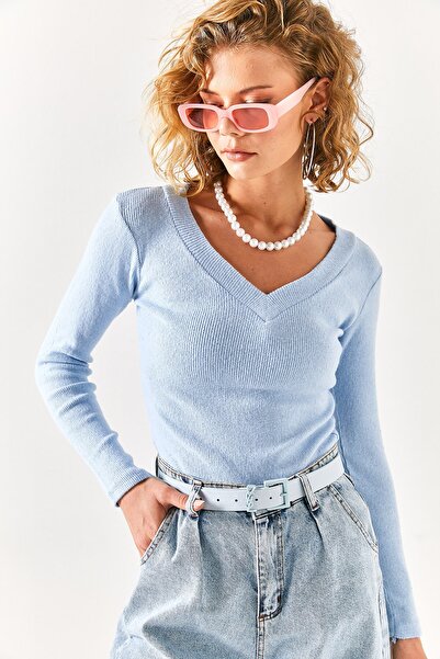 Olalook Kadın Bebe Mavi Kalın Bantlı V Yaka Şardonlu Bluz BLZ-19002387