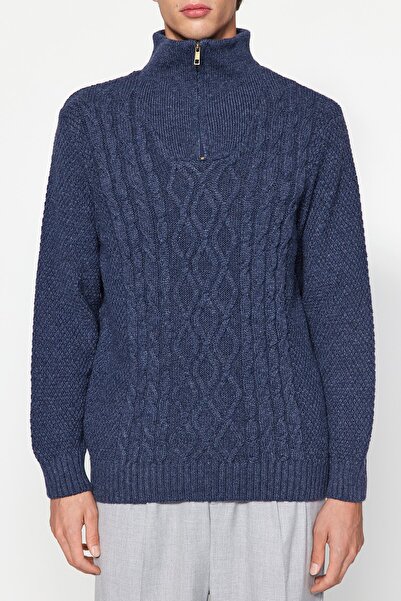 Trendyol Collection Indigo Regular Fit cipzáras fél garbós pulóver TMNAW24KZ00047