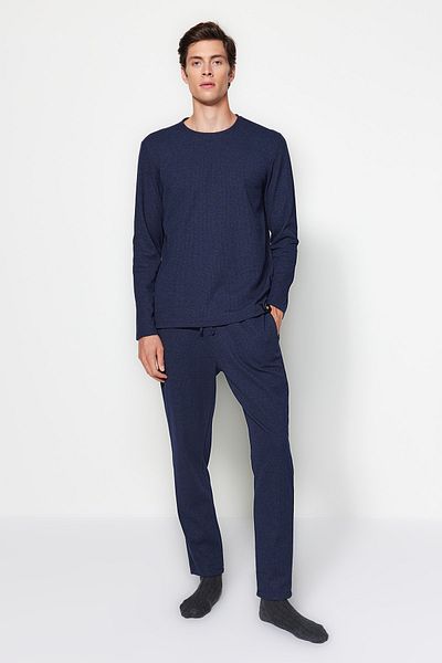 Trendyol Collection Indigo Regular Fit gofri kötött pizsama szett TMNAW24PT00004
