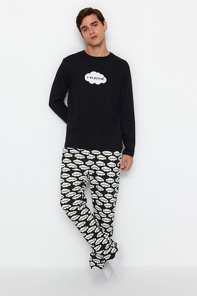 Trendyol Collection Schwarzes Unisex-Strick-Pyjama-Set – reguläre Passform, 100 % Baumwolle, TMNAW24PT00006