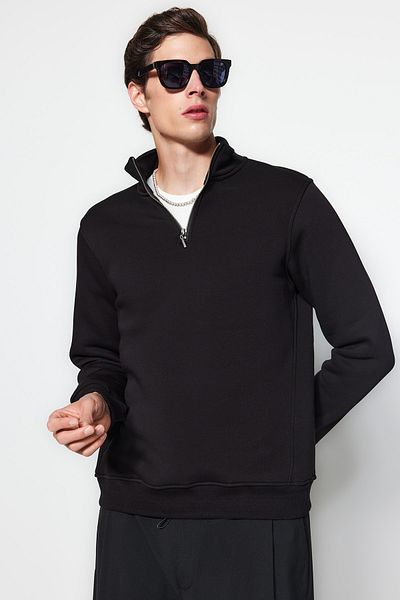 Trendyol Collection Schwarzes Fleece-Baumwoll-Sweatshirt – Stehkragen, Reißverschluss – TMNAW24SW00041