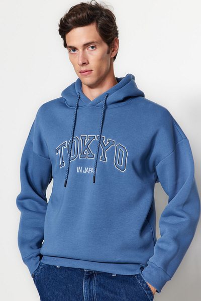 Trendyol Collection Blue Oversize/Wide Cut Tokyo Embroidered Hooded with Fleece Inside/Warm Sweatshirt Tmnaw24Sw00048