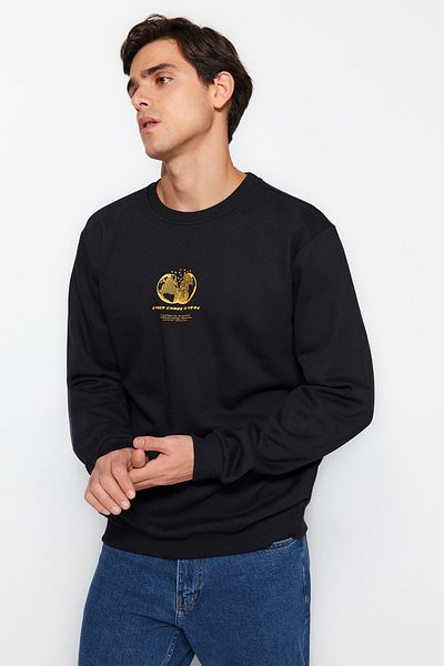 Trendyol Collection Μαύρο φούτερ με λαιμόκοψη κανονική/κανονική εφαρμογή Space Print Fleece εσωτερικά/ Keep Warm φούτερ TMNAW24SW00093