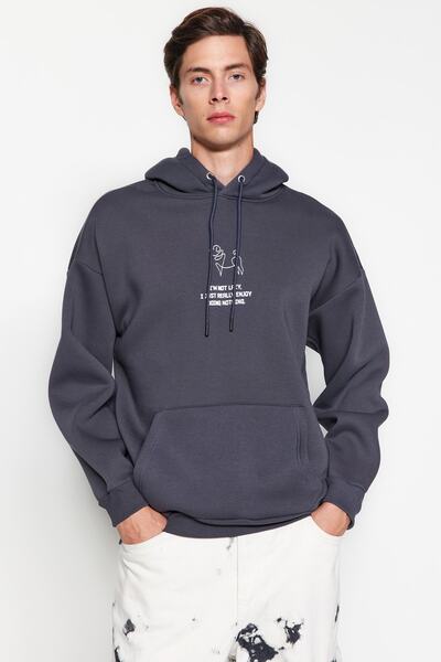 Trendyol Collection Anthracite Kabaret vzorovaná oversize mikina s kapucí - Tmnaw24Sw00078