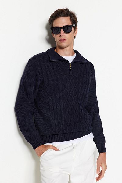 Trendyol Collection Πλεκτό πουλόβερ με φερμουάρ Navy Blue Regular Fit - Μισό ζιβάγκο TMNAW24KZ00047