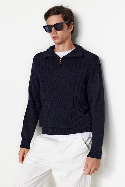 Trendyol Collection Πλεκτό πουλόβερ με φερμουάρ Navy Blue Regular Fit - Μισό ζιβάγκο TMNAW24KZ00047
