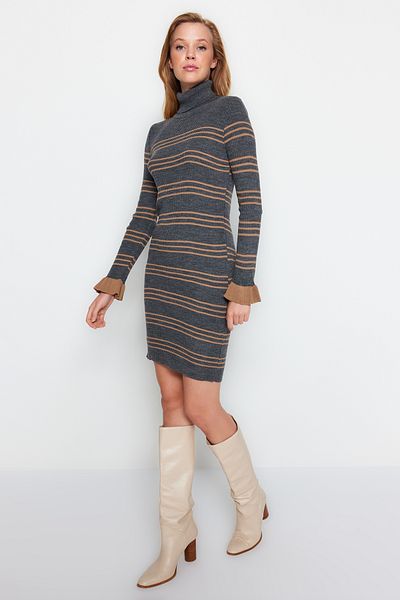 Trendyol Collection Mini Knitwear Striped Dress - Anthracite TWOAW24EL00470