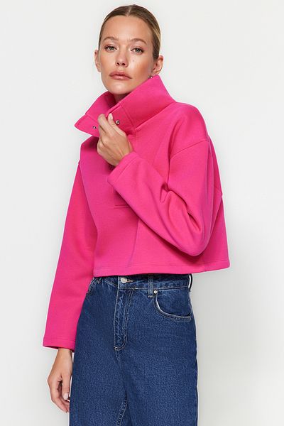 Trendyol Collection Fuchsia Bequemer Schnitt Kurzer Stehkragen Druckknopf Dickes Fleece Innen Gestricktes Sweatshirt TWOAW24SW00008