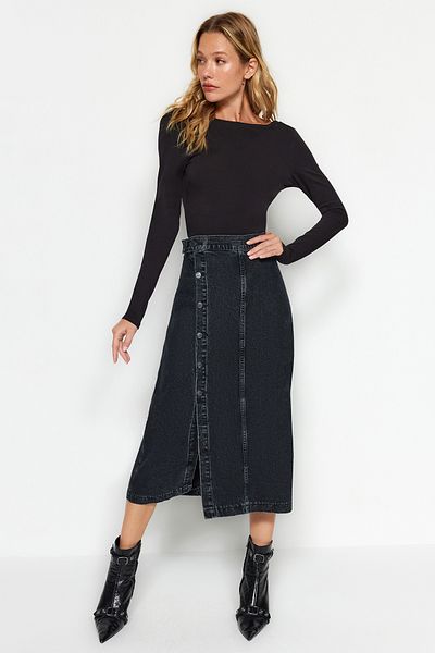 Trendyol Collection Black Button Detailed Slit Midi Denim Skirt TWOAW24ET00323
