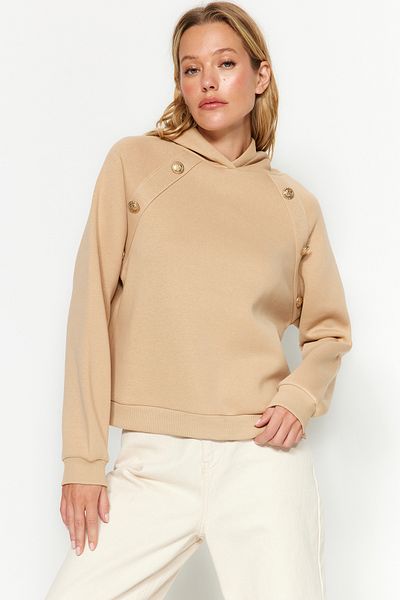 Trendyol Collection Beige Hooded Button Detailed Regular Fit Thick Fleece Inside Knitted Sweatshirt TWOAW24SW00215