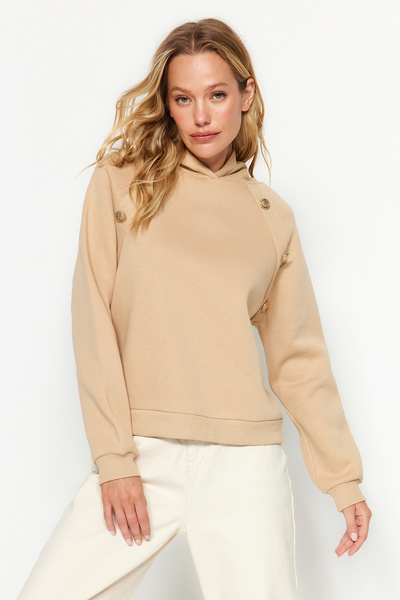 Trendyol Collection Beige Hooded Button Detailed Regular Fit Thick Fleece Inside Knitted Sweatshirt TWOAW24SW00215