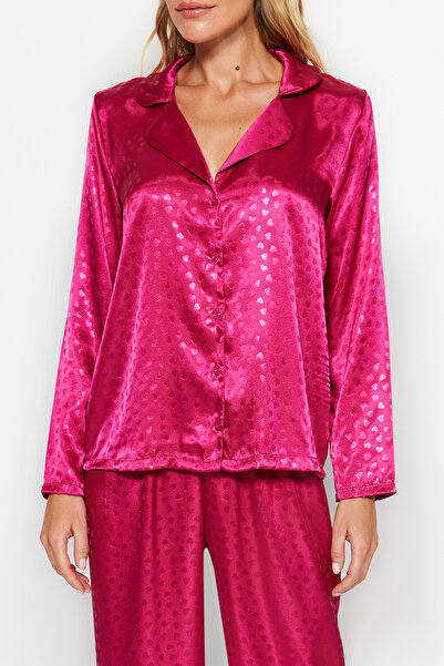 Trendyol Collection Fukszia szív szatén szőtt pizsama szett THMAW24PT00001